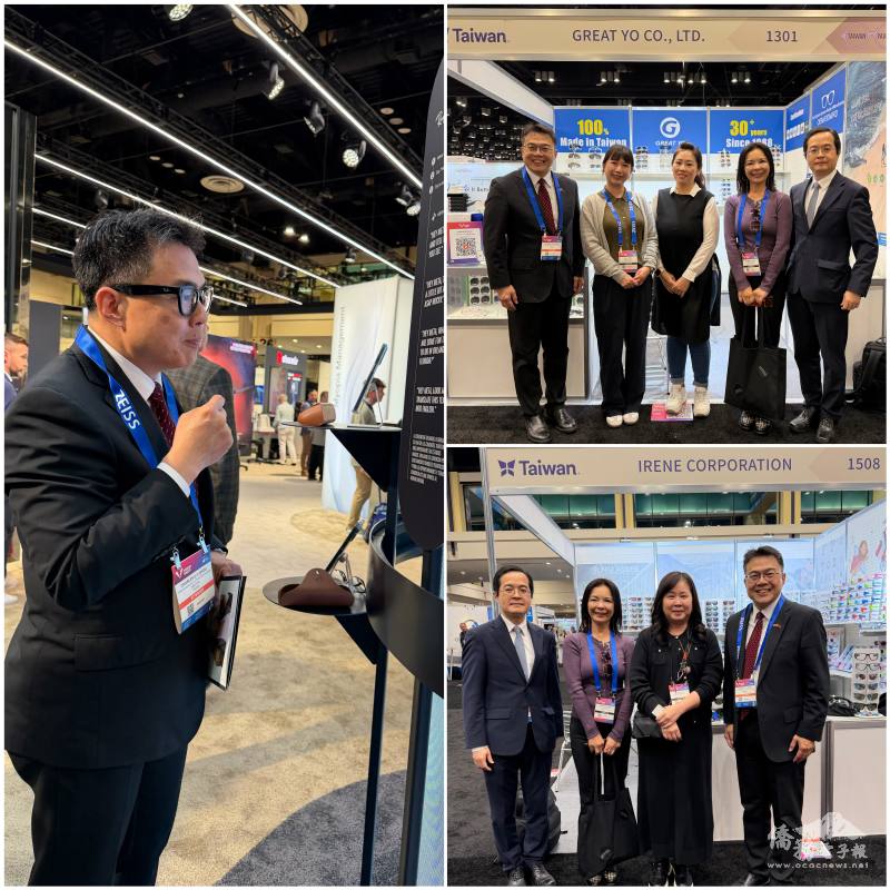 弘億（右上）與佳清（右下）展出戶外運動、護目鏡等功能性眼鏡；周啟宇（左）體驗Meta智慧眼鏡