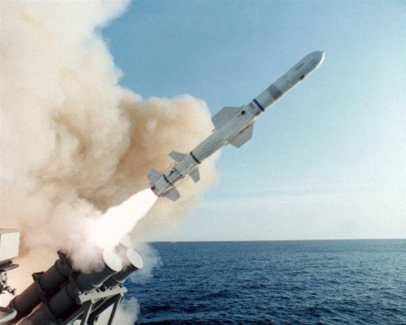 A harpoon missile is launched from a military ship. Image taken from boeing.com