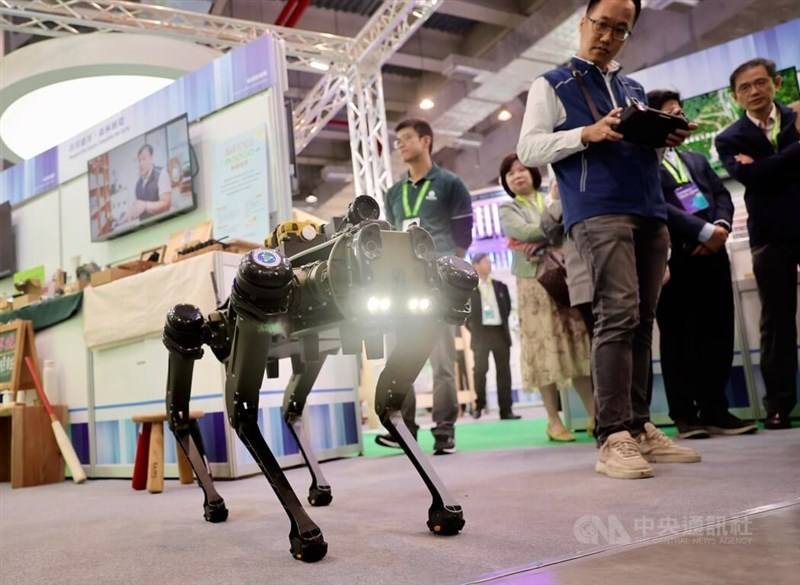 A four-legged robot used for on-site atmospheric monitoring and chemical detection at disaster sites is displayed at the Smart City Summit & Expo in Taipei on Tuesday. CNA photo March 17, 2026