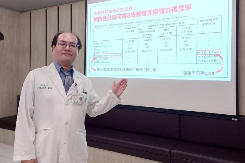 奇美醫院感染科醫師陳宏睿（圖）19日在院內衛教宣導會表示，院方臨床研究發現透過每月定期施打預防性抗生素，可降低蜂窩性組織炎復發風險。