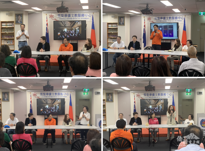 長官與貴賓致詞：左上 僑務委員熊強生、右上吳鎧圳、左下 僑務委員 陳雪鳳、右下 江佳慧主任