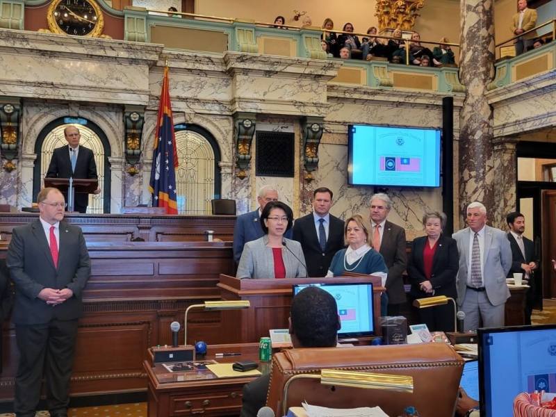 駐休士頓辦事處處長蕭伊芳3月18日赴美國密西西比州議會演說，感謝密州長期友台。（駐休士頓辦事處提供）