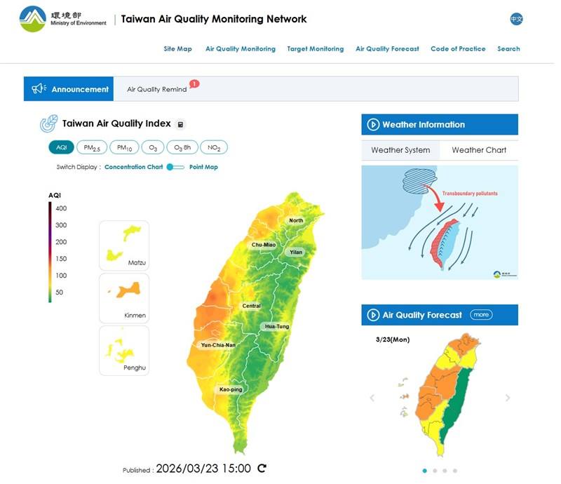 Graphic captured from MOENV's Taiwan Air Quality Monitoring Network website