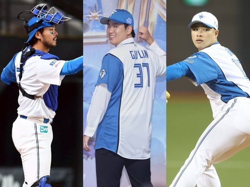 日本火腿鬥士隊3名台灣球員，左至右依序為捕手林家正、投手古林睿煬、孫易磊。（圖取自x.com/FightersPR、中央社檔案照片）
