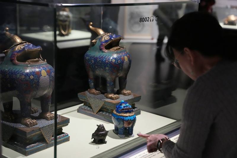 Art pieces shaped like horned mythical creatures are displayed at the National Palace Museum on Monday. CNA photo March 24, 2026