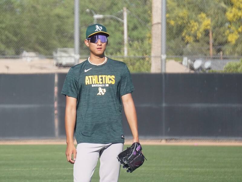 美國職棒運動家隊小聯盟投手沙子宸（圖）結束經典賽之後，回到春訓營備戰新球季。