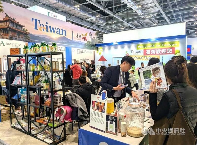 A pavilion displays a range of products from Tainan at the International Food & Drink Event in London on Monday. CNA photo