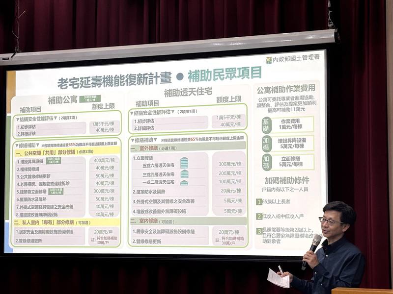 內政部2日舉行部務會報會後記者會，國土署都更建設組長王武聰（圖）說明老宅延壽計畫時指出，必須改善室外公共區域空間，才能搭配室內更新。