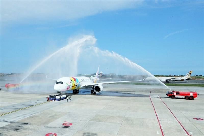 Celebratory waterjets are sprayed over the "Pikachu Jet CI2" to commemorate the maiden flight of the plane to Tokyo. CNA photo