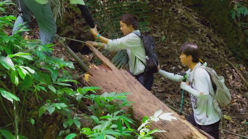 台韓合作實境節目「細細山路私密達」走訪台灣客家古道「樟之細路」，韓星南優賢（右）、金荷娜（左）等人一同挑戰楔隘古道，過程中南優賢適時幫扶金荷娜行進。（客家電視台提供）
