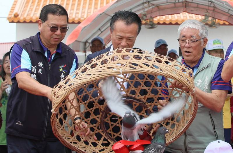 2026義竹鴿笭文化季7日在嘉義縣義竹鄉埤前村聖德宮媽祖廟舉辦開籠儀式，邀義竹出身的嘉義縣長翁章梁（中）返鄉開籠。