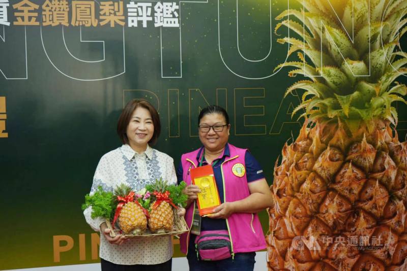 屏東縣政府舉辦優質金鑽鳳梨評鑑，潮州鎮農會農友林舜英（右）從42組中脫穎而出，不僅奪冠還獲得「甜度王」，9日獲屏東縣長周春米（左）頒獎表揚。