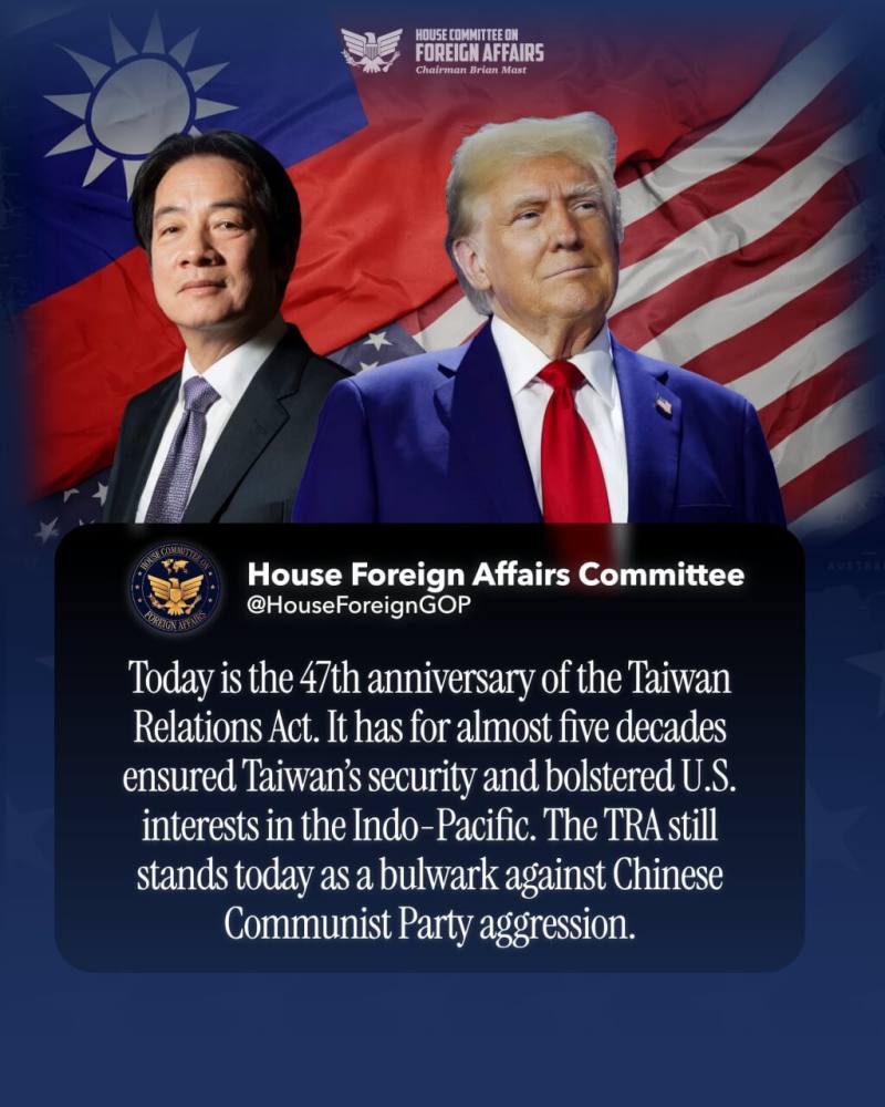 10日是「台灣關係法」立法47週年，美國聯邦眾議院外交委員會共和黨團特別在社群平台X發文紀念。（圖取自x.com/HouseForeignGOP）