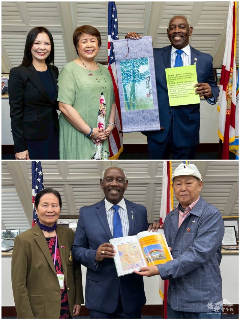 商會名譽會長梁桂台（上圖）與廖唯志（下圖）也致贈郡長個人畫作與著作