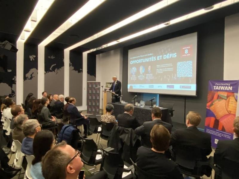 外交部政次吳志中在魁北克省蒙特婁發表專題演講。目前卑詩省及亞伯達省都已在台灣設辦事處，他希望魁北克省在不遠的將來也派官員駐台，進一步落實雙方可共榮的領域。（駐加拿大代表處提供）