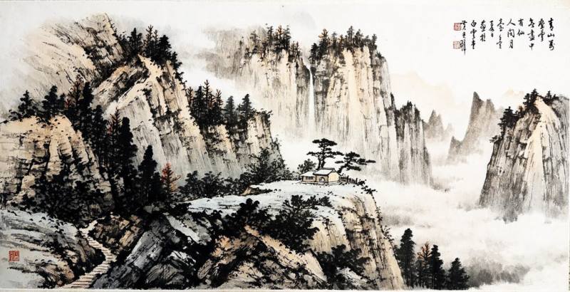 「白雲傳承．水墨初心 黃君璧．黃湘詅－台北畫展」14日起將在中正紀念堂登場，其中將展出已故水墨名家黃君璧1962年作品「青山萬疊雲無盡 中有仙人問月壺」。（白雲堂藝術研究會提供）