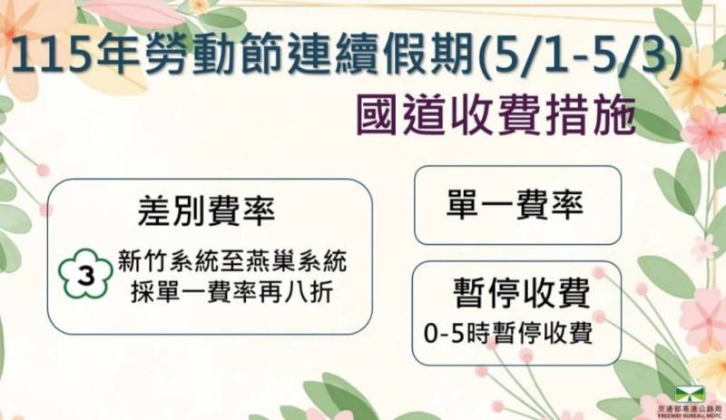 高公局表示，勞動節連假期間實施單一費率、國3「新竹系統至燕巢系統」採單一費率再8折及每日凌晨0至5時暫停收費等措施。