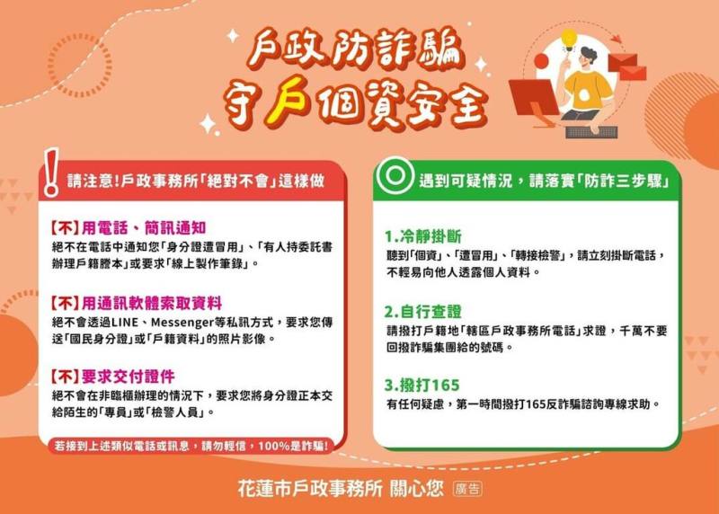 假冒戶政詐騙套取個資　花蓮市戶政所籲提高警覺
詐騙手法層出不窮，花蓮市戶政事務所接獲多起民眾來電查證，發現有不法分子假冒戶政機關名義詐騙，對民眾財產及個人資料安全造成威脅，呼籲民眾提高警覺。