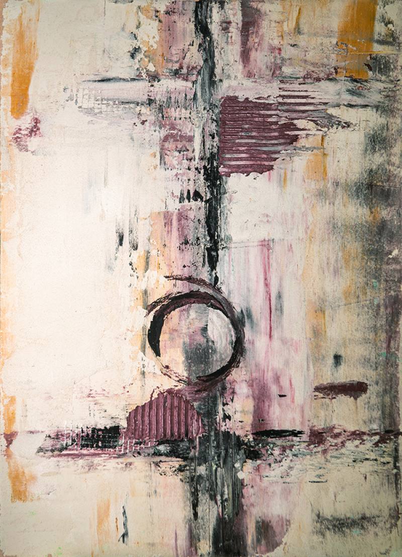 阿鴻因緣際會開啟水泥鏝抹無框畫課程，活用泥作工具，每一次堆疊、刮抹，都創作出獨一無二的紋理。A serendipitous opportunity to teach a class in cement trowel painting on canvas opened a new artistic path for Ah Hong. By creatively using masonry tools, each step of layering and scraping leads to unique pa