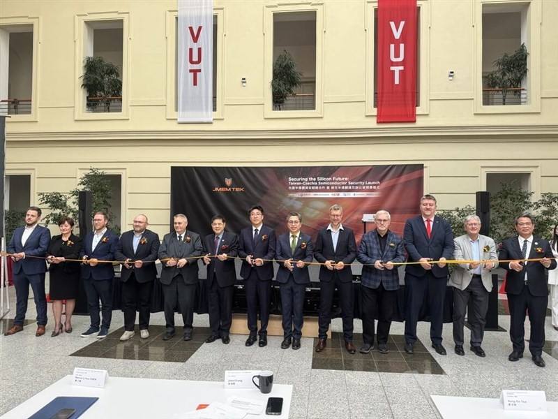 Taiwanese and Czech representatives pose for a photo on the opening ceremony of Taiwan-based semiconductor cybersecurity solution provider Jmem Technology Co.'s office in Brno, Czech Republic, on Friday. CNA photo April 18, 2026