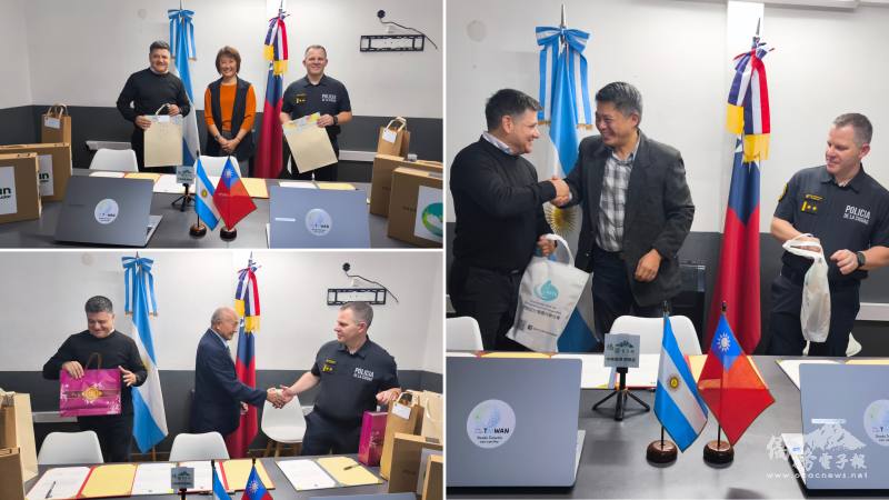 僑務委員葛道爭（左上）、陳俊宏（左下）及阿根廷臺灣僑民聯合會理事長洪瑞堂（右）致贈伴手禮予局長及分局長，表達對警局同仁辛勞付出的感謝，並預祝警察節快樂。