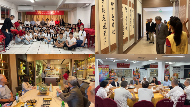 李岳融大使抵達東方市拜訪「東方市中山僑校」(左上)、「Studio Taiwan 101」(左下)、「巴拉圭佛光山」(右上)與「東方市中華會館」了解僑情。