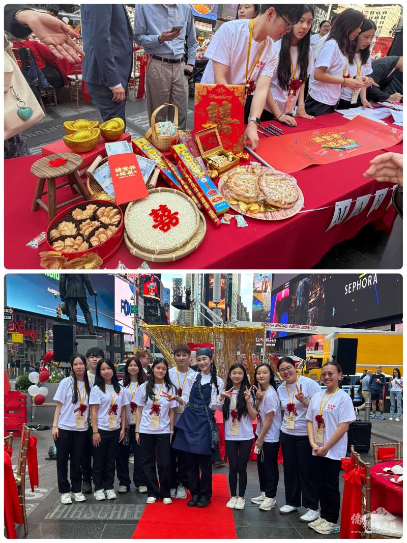 海外青年文化大使FASCA一早8時即到場協助，簽到處布置充滿濃濃臺式喜宴風格，展現海外青年熱情參與推廣臺灣文化的活力