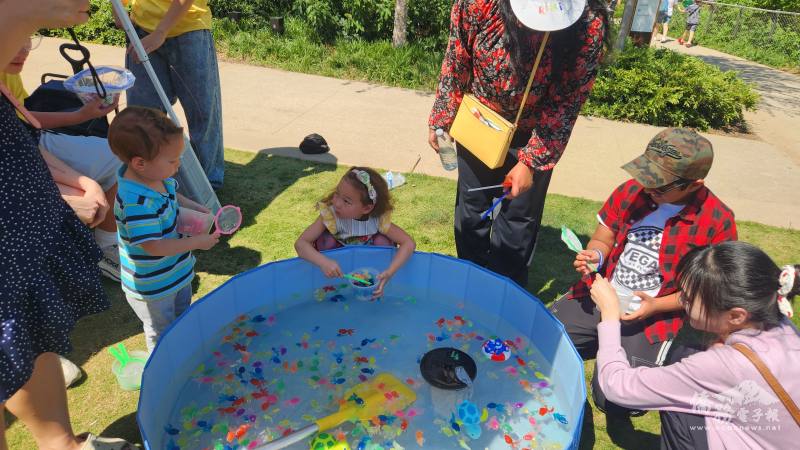 小朋友挑戰臺灣夜市紙網撈金魚遊戲