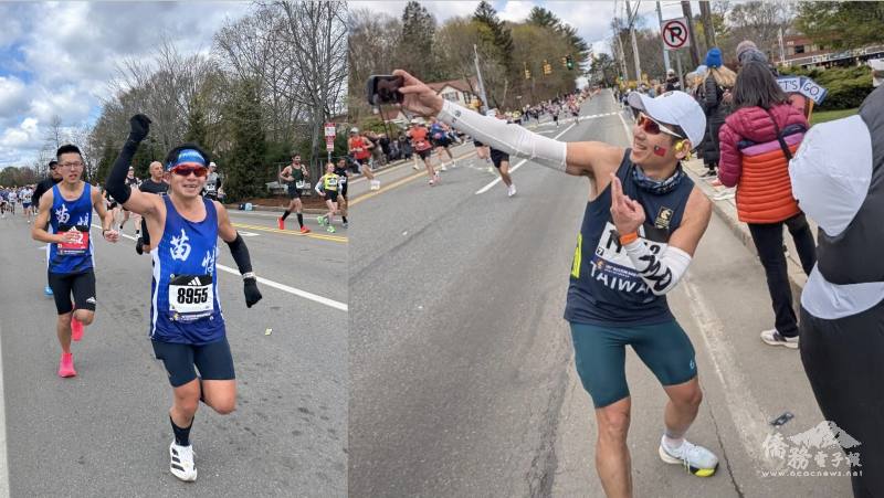 Marathon runners from Taiwan Miaoli; Chihung Hsu took a selfie with the supporters rooting for him