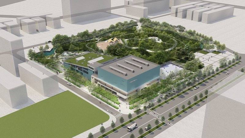 桃園市大園體育園區新建工程進入工程招標階段，預計115年8月動工，將補足當地運動資源缺口；圖為園區建築完工模擬圖。（桃園市新建工程處提供）