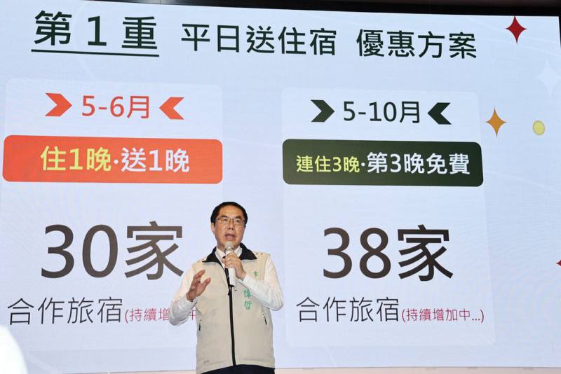台南市政府與旅宿業者合作，將於5月1日起推出平日「住宿台南好康三重送」活動，市長黃偉哲（圖）27日出席活動宣傳記者會說明。（台南市政府提供）