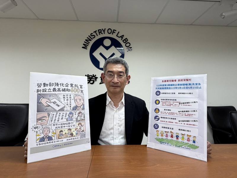 勞動部勞動福祉及退休司司長黃維琛28日指出，「企托333 政府來幫忙」企業托育補助新制5月1日將上路，6月15日前受理企業申請。