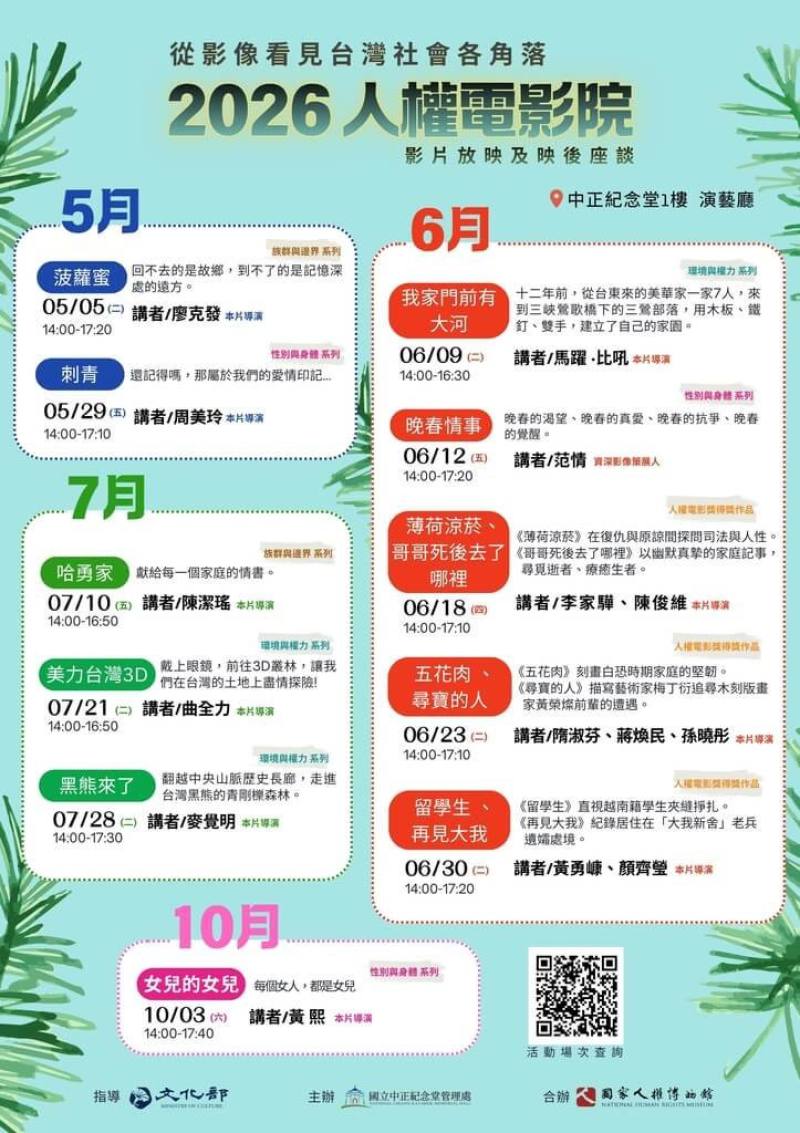 中正紀念堂演藝廳整修轉型為人權電影院，5月5日起推出「族群與邊界」、「性別與身體」、「環境與權力」及「人權電影獎得獎作品」等4系列，將放映11場共14部影片，每場皆有映後座談。（國立中正紀念堂管理處提供）