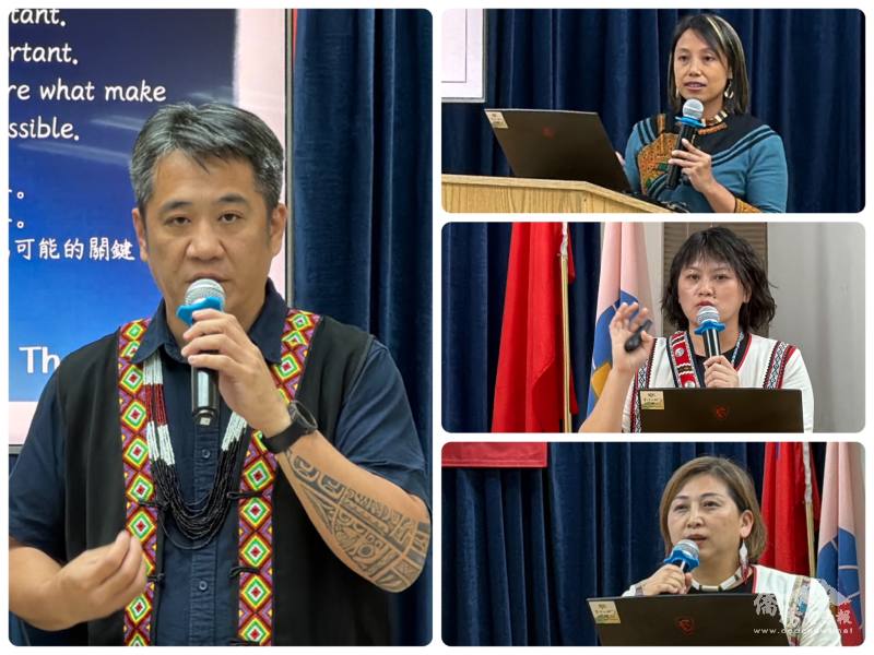 花蓮縣原住民族公共事務促進會理事長Sra Kacaw團長（左圖）、臺灣國家人權委員會ljavaus tjauquculJ、花蓮縣壽豐鄉部落健康營造中心Dungi Lunip、花蓮原住民慢食推廣者Yayut Ratang（右圖上至下）