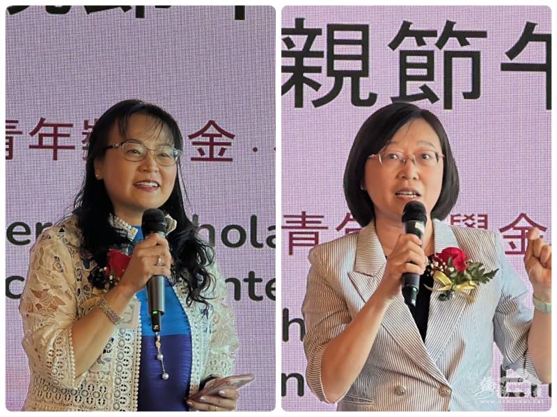 左為西雅圖中華婦女會2026年會長劉遠華(Yvonne Liu Weaver)致詞，右為駐西雅圖辦事處處長林美呈致詞