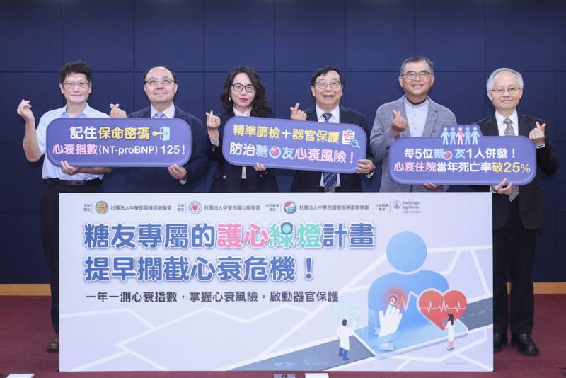 中華民國糖尿病學會與中華民國心臟學會聯合健保署與專家，13日共同呼籲糖尿病患者落實1年1測心衰指數，以掌握心衰風險，健保署長陳亮妤（左3）也出席相挺。（中華民國糖尿病學會提供）