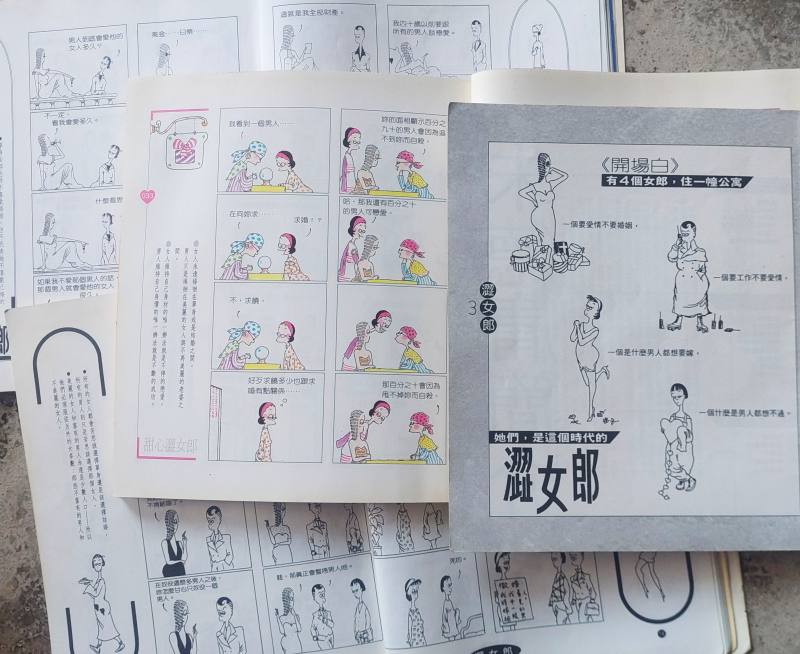 漫畫家對《澀女郎》的4位主角各有鮮明設定：萬人迷（「要愛情不要婚姻」）、男人婆（「要工作不要愛情」）、結婚狂（「什麼男人都想要嫁」）、天真妹（「什麼是男人都想不通」）。《時報周刊》連載結集時，每個頁面都搭配了簡潔的兩性互動關係思辨小語，也成為該書特色。圖片提供／丁名慶