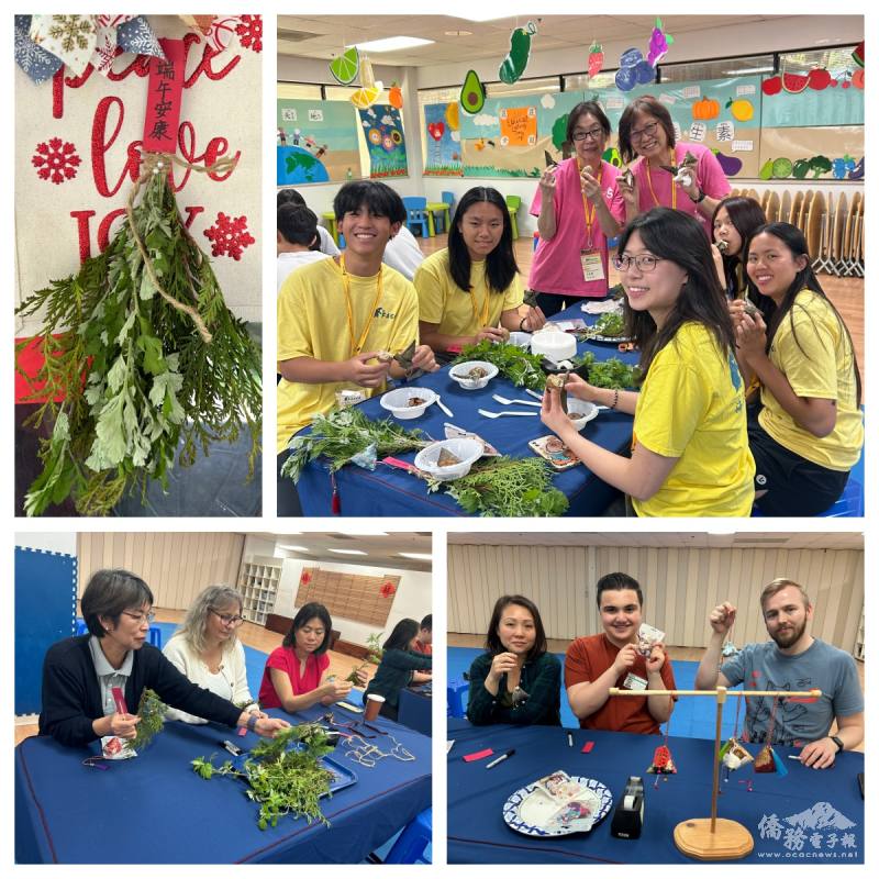 FASCA members enjoying tea eggs and zongzi, TCML students displaying handmade sachets, making mugwort door hangings, and final product of mugwort door hangings.