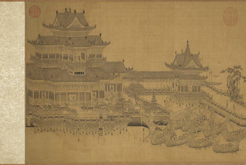 端午節即將到來，國立故宮博物院北部院區現正展出元代畫家王振鵬的「寶津競渡圖」（圖），呈現龍舟競渡場景。（故宮提供）