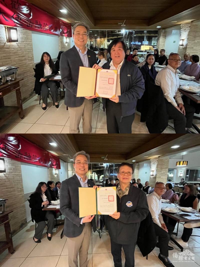 李岳融頒發僑務榮職聘書，上圖為僑務諮詢委員張南隆，下圖為僑務顧問曾錦輝