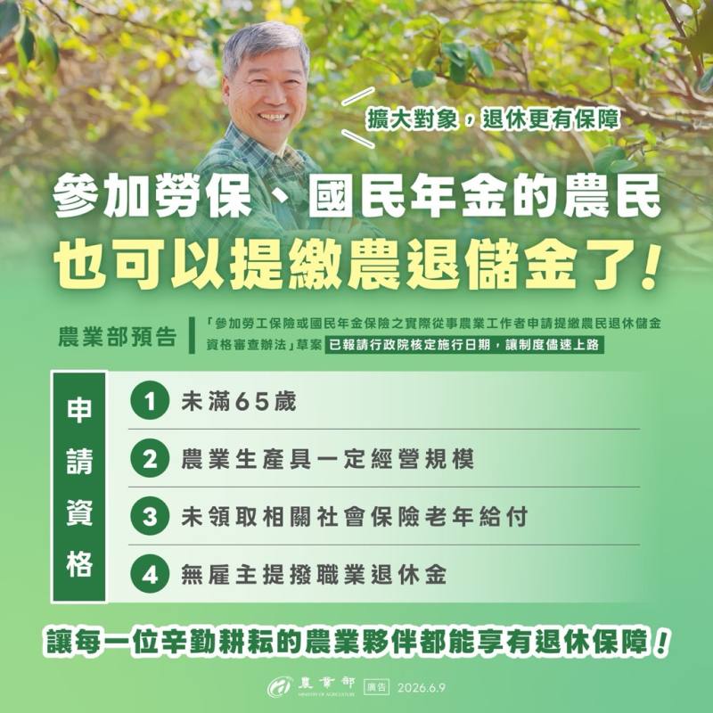 農業部預告參加勞(國)保農民申請提繳農民退休儲金資格條件 提供實際從農者退休保障