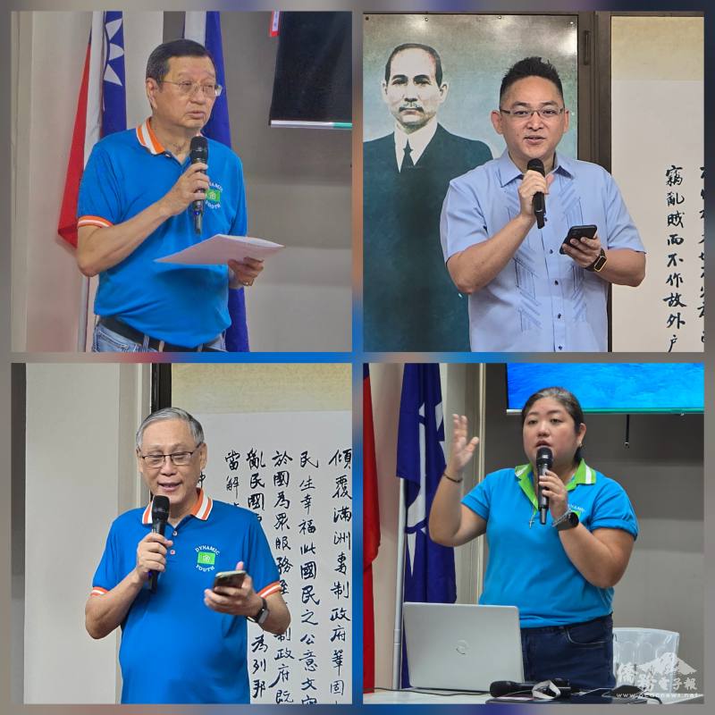 陳柏材(左上)致詞、莊博智(右上)致詞、王家鵬(左下)向華裔青年們闡述菲華青年服務團成立歷史、司儀葉秀媚(右下)