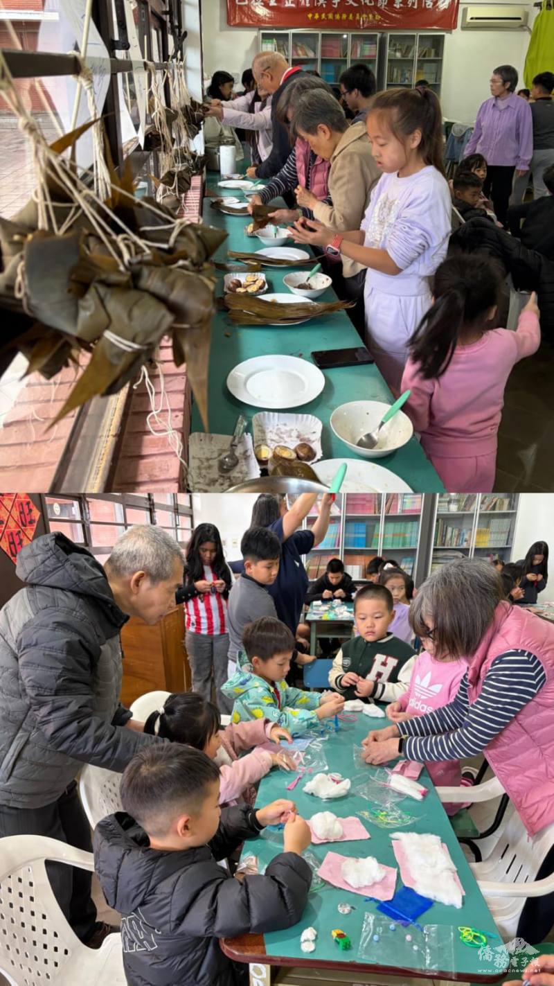 （上圖）學生體驗包粽子、（下圖）學生體驗做香包