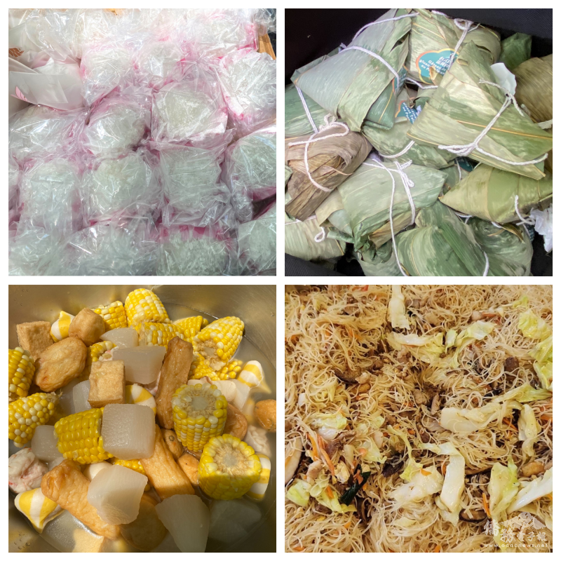 蒙特婁台灣同鄉會團隊精心籌備的臺式特色美食，包含客家麻糬、粽子、關東煮、炒米粉等