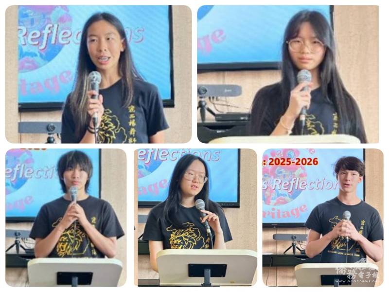 (左上至右下)各幹部發表年度報告，包含社群媒體幹部廖羅瑀、表演創新幹部李宜蓁、新生培訓幹部孫憲威、表演創新幹部鄭琬璇、跨文化音樂幹部蔡瑞恩。(顧家華提供)