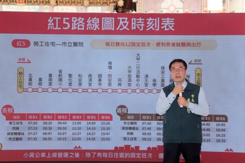 台南市長黃偉哲16日宣布，大台南小黃公車紅5線及紅15線通車上路，服務範圍擴及南區、仁德區、東區及關廟區等。（台南市政府提供）