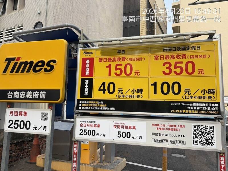因應端午連假，台南市政府17日公告全市高費率民營停車場，遊客入場前應判斷清楚，避免引起紛爭。（台南市政府提供）