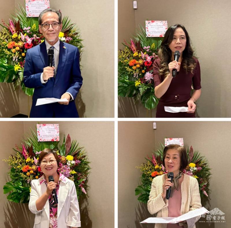 上圖左為駐巴西代表處代表廖志賢、右為駐聖保羅辦事處處長朱怡靜，下圖左為僑委會委員長徐佳青、右為中南美洲臺灣商會聯合總會會長林幸昭等貴賓分別致詞
