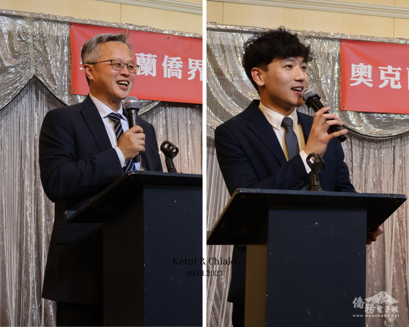 (左)僑務委員施振嘉代表大奧克蘭僑界向陳詠韶獻上最高的敬意及最深的祝福；(右)羅托魯瓦市議員王飛雪表示，感謝陳詠韶任內對羅托魯瓦市及個人的支持