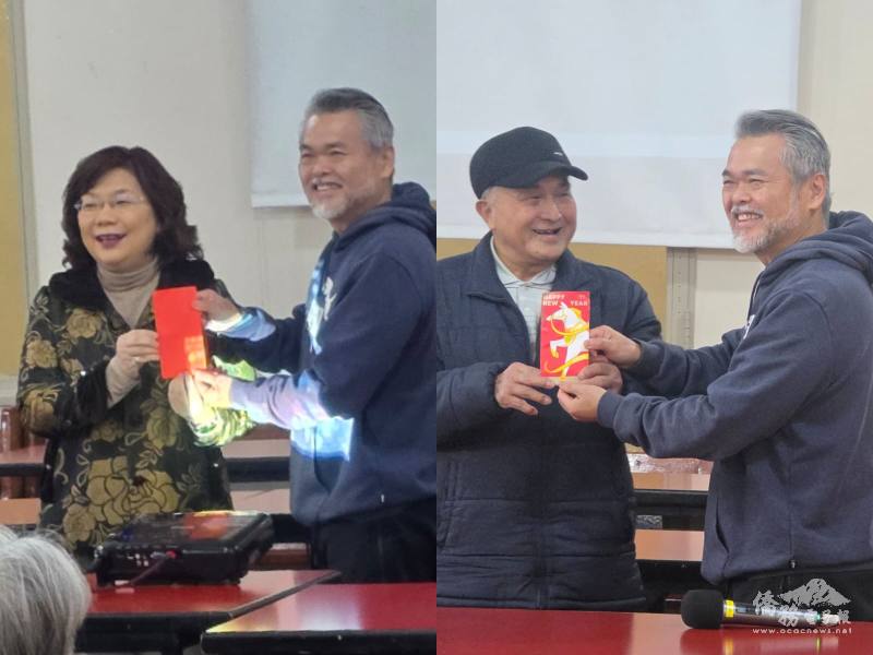 謝妙宏(左一)及僑務委員陳俊宏(右二)致贈端午敬老加菜金，向青松會長輩表達端午祝福